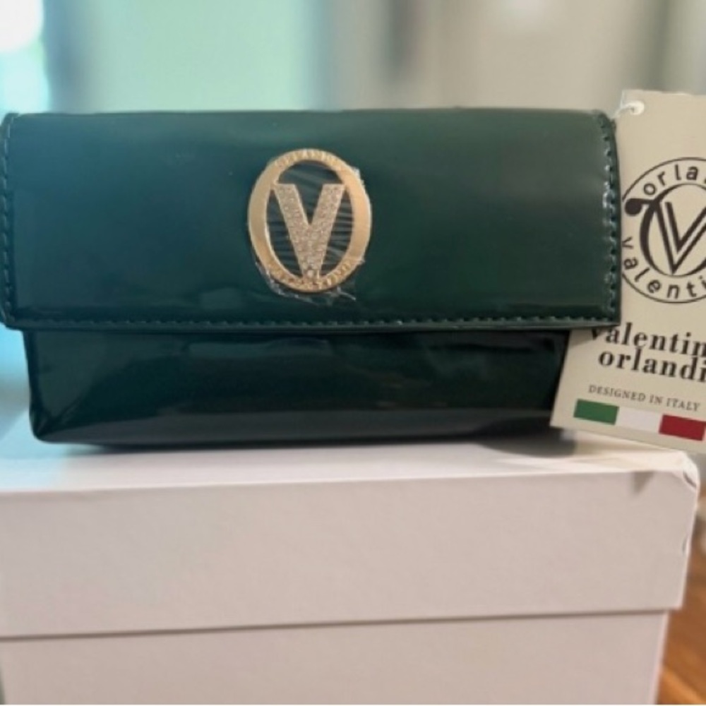 Valentino Orlandi Elegant Green Patent Crossbody Bag Crystal Logo & Gold Chain